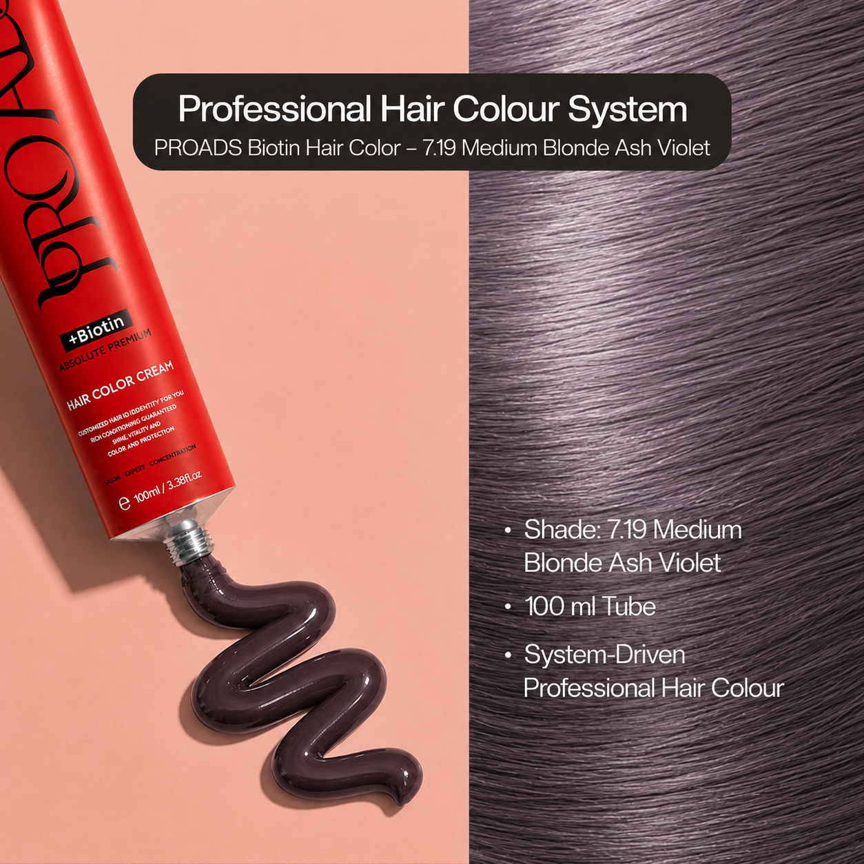 PROADS Professional Biotin Hair Color 7.19 Medium Blonde Ash Violet