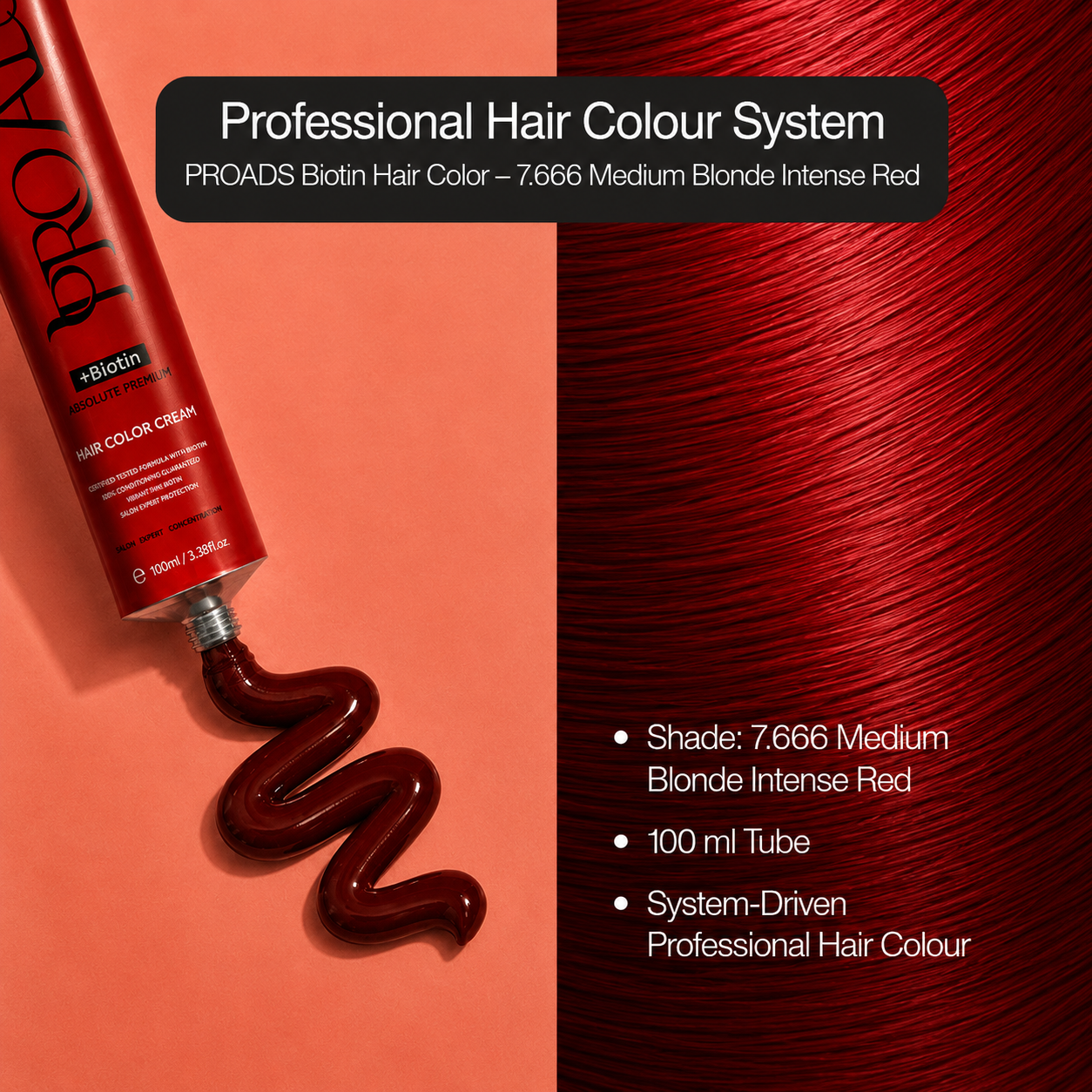 PROADS Professional Biotin Hair Color 7.666 Medium Blonde Intense Red