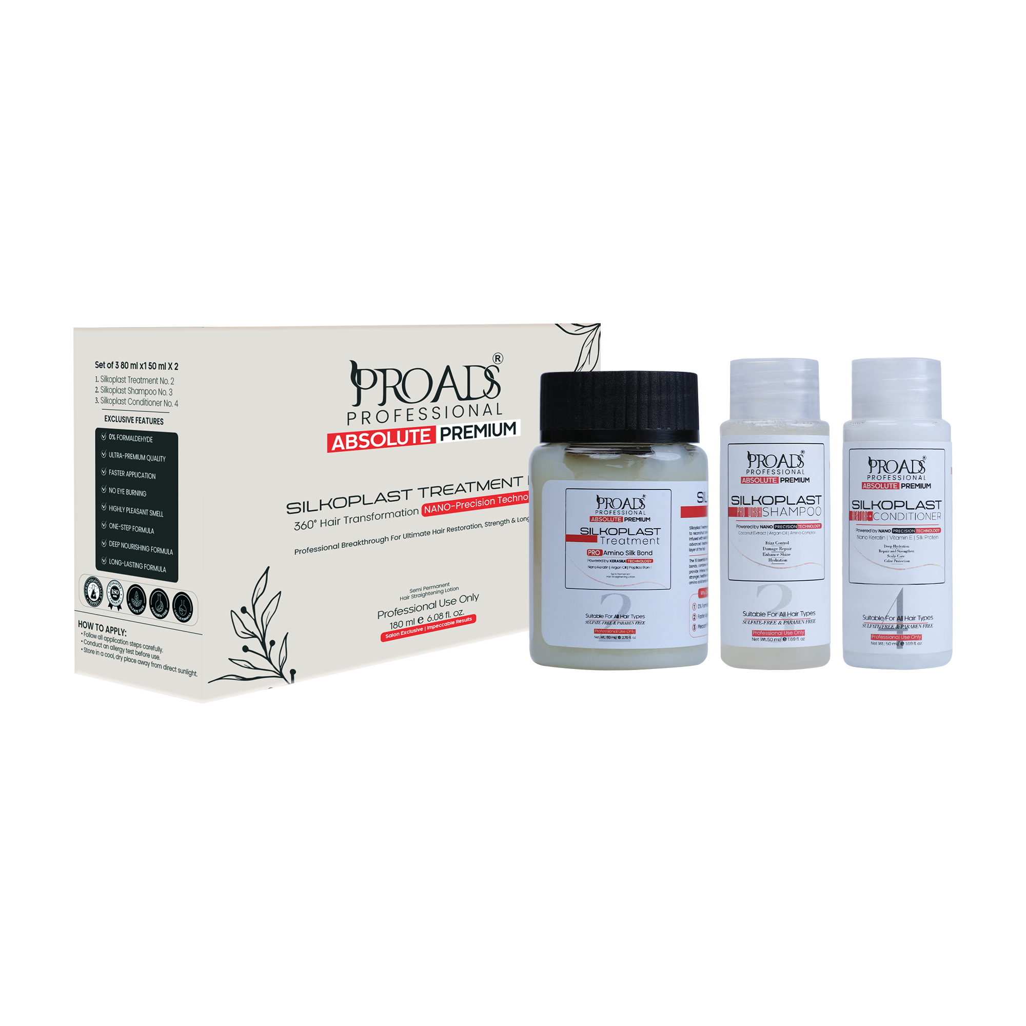 PROADS Silkoplast Hair Treatment Kit | Nano Smoothening & Repair | Formaldehyde Free | 180ml
